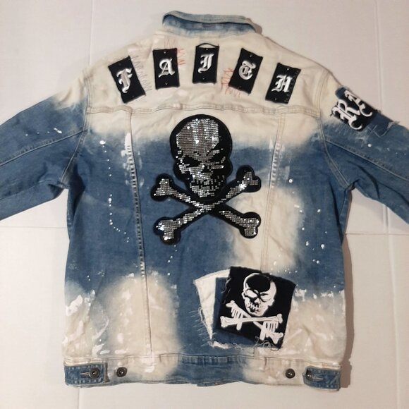 Smoke Rise DNM Co Men’s Denim Jacket XL Stone Wash Distressed Patches Slim Fit - Picture 2 of 11